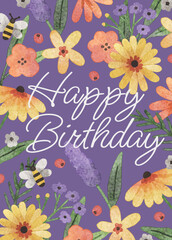 Hand drawn colorful watercolor floral happy birthday card template