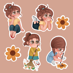set of stickers design with kids doing activties