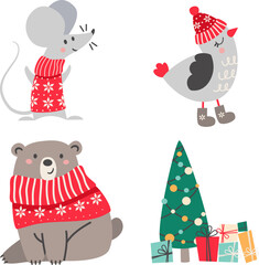 Vector Christmas set. Cute teddy bear and mouse in a Christmas sweater. Birdie in winter hat and valenki. Christmas tree with gifts 
