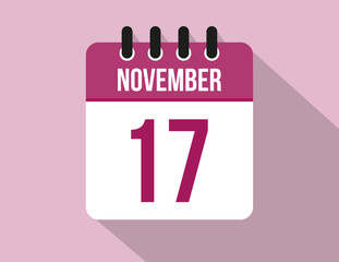 17 day November calendar. Calendar vector for November in pink color on light background