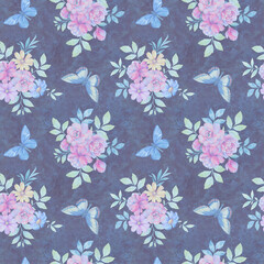 Abstract pattern of butterflies and flowers. Seamless botanical pattern for design. Bright flowers and butterflies for wallpaper, print, scrapbooking.