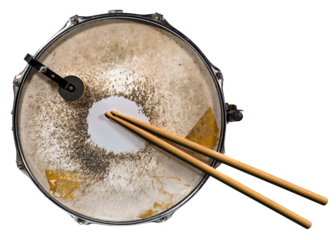 Close-up of two wooden drumsticks and an old metallic snare drum, isolated on white or transparent background, photography, png. Percussion instrument.