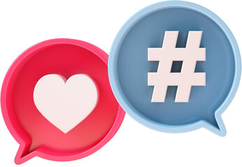 Chat bubbles with like symbol and hashtag