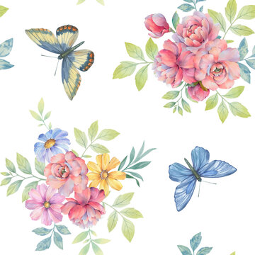 Butterflies and flowers, seamless botanical pattern. Abstract background of flowers and butterflies for wallpaper, print, wrapping paper.