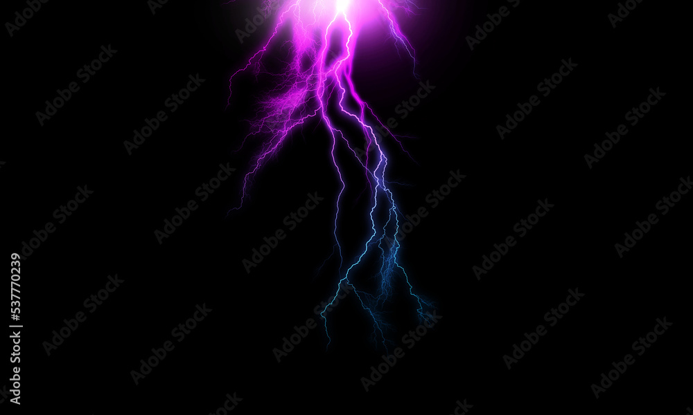 Wall mural lightning effect on black background. thunderbolt with rays of light. thunderstorm natural phenomeno