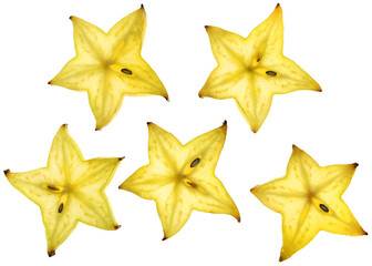 Star shaped slices of carambola fruit isolated