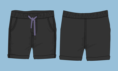 Boys Sweat Shorts technical fashion flat sketch vector illustration template. Apparel clothing design black color mock up cad for boys.