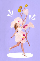 Collage 3d image of pinup pop retro sketch of charming adorable lady holding big orchid branch bid isolated painting background