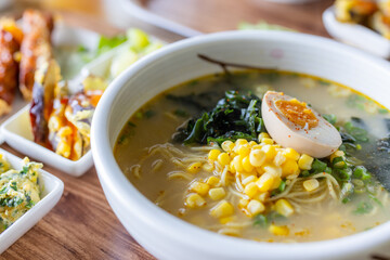 Japanese ramen soup bowl in restaurant