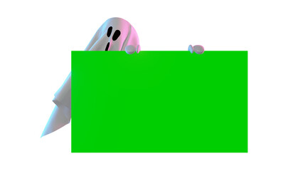 Cute white cloth Halloween Ghost floating holding a green screen board for text, photo, video etc. 3d Render. 