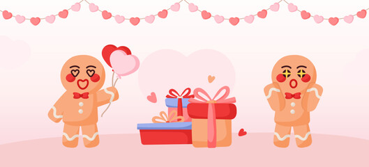 Gingerbread man cartoon celebrating holiday party event proposal. Gifts present and hanging love shape decoration background.