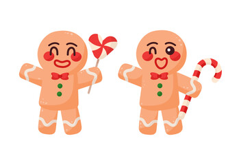 Cute fun gingerbread man cookies welcome pose waving hand holding candy cane sweet. Vector illustration.