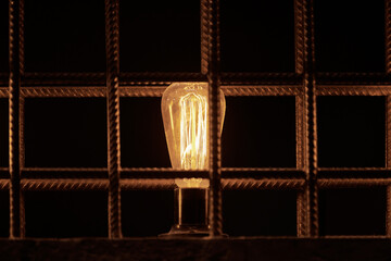 One decorative incandescent light bulb inside loft partition from reinforced steel bar, beautiful retro luxury interior design. Filament light bulb in loft interior design, modern industrial style