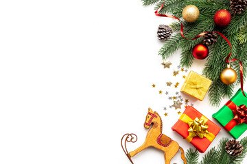 Christmas and New Year holiday frame background with fir and deco baubles