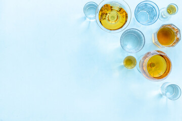 Strong alcohol set. Hard alcoholic drinks in glasses in assortment