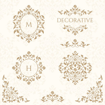 Collection of elegant borders, monogram frames. Classic floral ornament. 