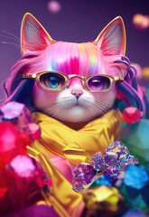 Naklejka premium Original abstract digital painting cat portrait with glasses for print wall art interior design