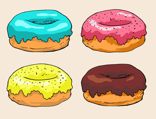 a set of donuts with pink and yellow glaze, chocolate and blue colors, a bright collection, brown side view painted by hand