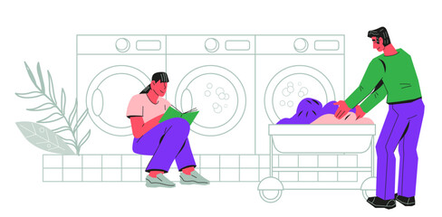 Clients of self-service laundromat room, flat cartoon vector illustration isolated on white background. Public commercial laundry visitors. Self-service laundry banner backdrop.