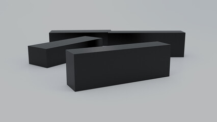 Black boxes, cuboids, a 3D render on a gray background. Packshot photo for package design, template. Illustration 3D.