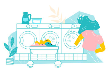 Self-service laundromat room banner or signboard design, flat cartoon vector illustration isolated on white background. Public commercial laundry. Self-service laundry banner mockup.