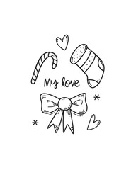 Black outline minimalistic illustration of Christmas greeting card with lettering quote, gift bow, xmas stocking, candy and decorations. Doodle winter drawing isolated on white background. Line art.