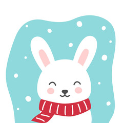 Cute cartoon rabbit, hare. Winter character in scarf. Rabbit in flat cartoon style. Cute winter theme card with christmas bunny. Seasonal vector illustration. 