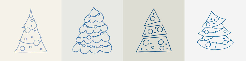 A set of hand-drawn christmas trees. Vector illustration in doodle style. Winter mood. Hello 2023. Merry Christmas and Happy New Year. Blue elements on a gray background. - Powered by Adobe
