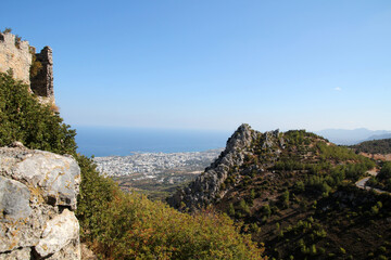 View of Kyrenia a port town in Girne District in the Turkish Republic of Northern Cyprus seen from the Crusader Castle of St Hilarion