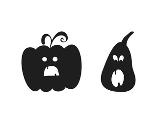 Halloween 2022 - October 31. A traditional holiday. Trick or treat. Vector illustration in hand-drawn doodle style. Set of silhouettes of pumpkins with carved faces.