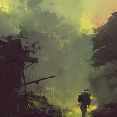 painting of war scenery, jungle, fire smoke and explosions, painting, 3d render, 3d illustration