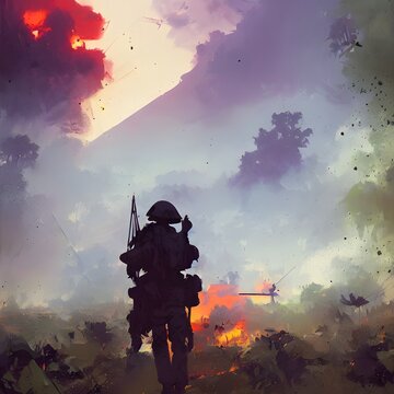 painting of war scenery, jungle, fire smoke and explosions, painting, 3d render, 3d illustration