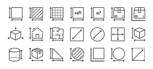 Dimension, area and perimeter measure concept editable stroke outline icons set isolated on white background flat vector illustration. Pixel perfect. 64 x 64.