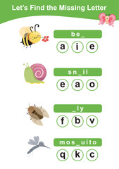 Find the missing letter insect edition. Printable children activity worksheet. Cute cartoon character bugs. Educational spelling puzzle game for kids. Fill in the missing letter.
