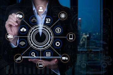 Digital marketing media in virtual icon globe shape business open his hand, working touch screen tablet.