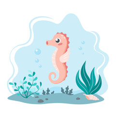 Cute cartoon seahorse on the seabed with bubbles, seaweed and shell. Element for summer design. Isolated on white background. Flat vector illustration
