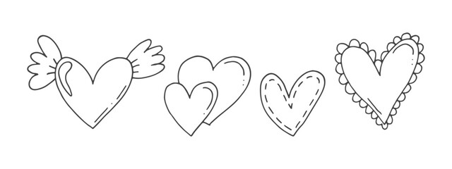 Big set of cute hand-drawn doodle elements about love. Message stickers for apps. Icons for Valentines Day, romantic events and wedding. Hearts with stripes, texture, with wings and Cupids arrows.