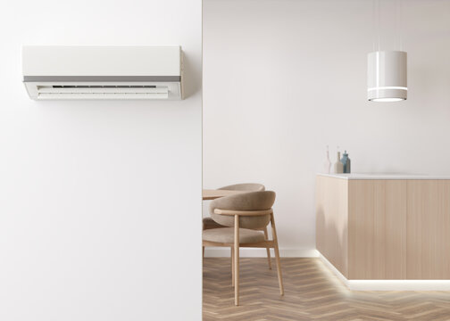 Modern, realistic AC, air conditioner hanging on the wall in room. Cooling product for hot climate in summer. Machine which keeps the air in a building cool and dry. Interior with air-conditioning
