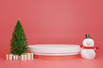 3D Rendering Realistic Christmas tree with shiny and glitter and colorful Christmas ball and light. Christmas pedestal podium product display presentation