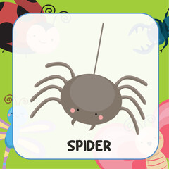 Cute insect flashcards for Children. Bugs flashcards cute character. Bugs collection for learning. Printable game card. Educational card for preschool. Vector illustration.