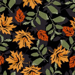 Abstract Autumn Leaves on Black Background Vector Seamless Pattern