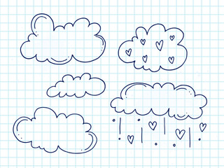 Set of cute hand-drawn doodle elements about love. Message stickers for apps. Icons for Valentines Day, romantic events and wedding. A checkered notebook. Clouds and rain from hearts.