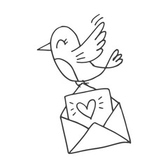 Set of cute hand-drawn doodle elements about love. Message stickers for apps. Icons for Valentines Day, romantic events and wedding. A bird with an envelope with hearts and a love letter.