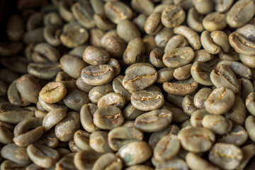 Close up of green coffee beans with selective focus. 