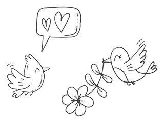 Set of cute hand-drawn doodle elements about love. Message stickers for apps. Icons for Valentines Day, romantic events and wedding. A bird sings a love song and her lover with a flower.