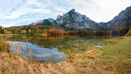 beautiful lake Laudachsee, moor landscape at Grunberg mountain, view to Katzenstein, autumnal scenery austria