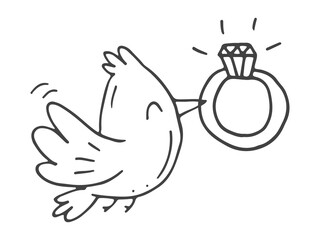 Set of cute hand-drawn doodle elements about love. Message stickers for apps. Icons for Valentines Day, romantic events and wedding. Bird in love with a diamond ring.