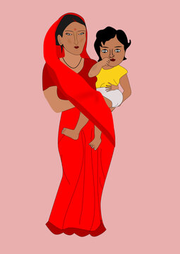 Indian Rural Woman holding her baby boy stock Vector.