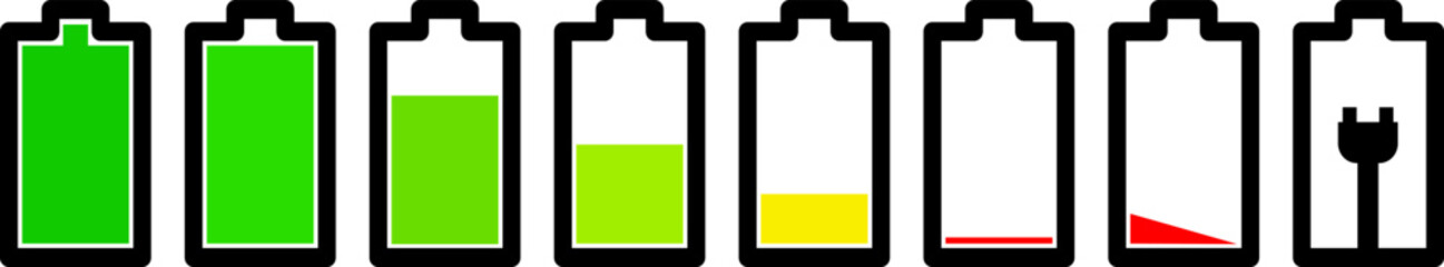 Batttery charging status, battery low, battery full vector icon set
