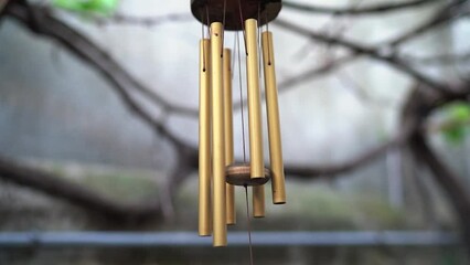 Metal Wind Chime Hanging On A Tree Branch. - close up, tilt down